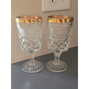 Anchor Hocking Wexford Clear Cut, Gold Rim Glass Water Goblets- Set of 2